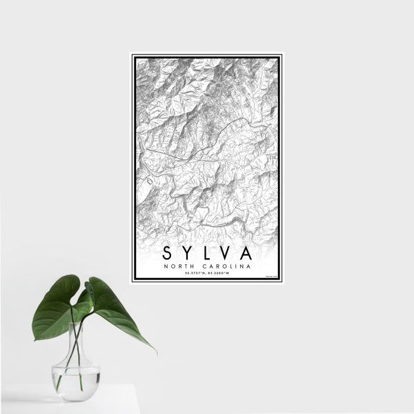 16x24 Sylva North Carolina Map Print Portrait Orientation in Classic Style With Tropical Plant Leaves in Water