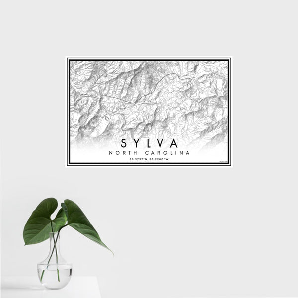 16x24 Sylva North Carolina Map Print Landscape Orientation in Classic Style With Tropical Plant Leaves in Water