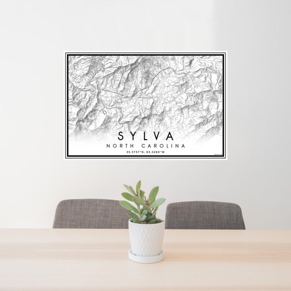 24x36 Sylva North Carolina Map Print Landscape Orientation in Classic Style Behind 2 Chairs Table and Potted Plant