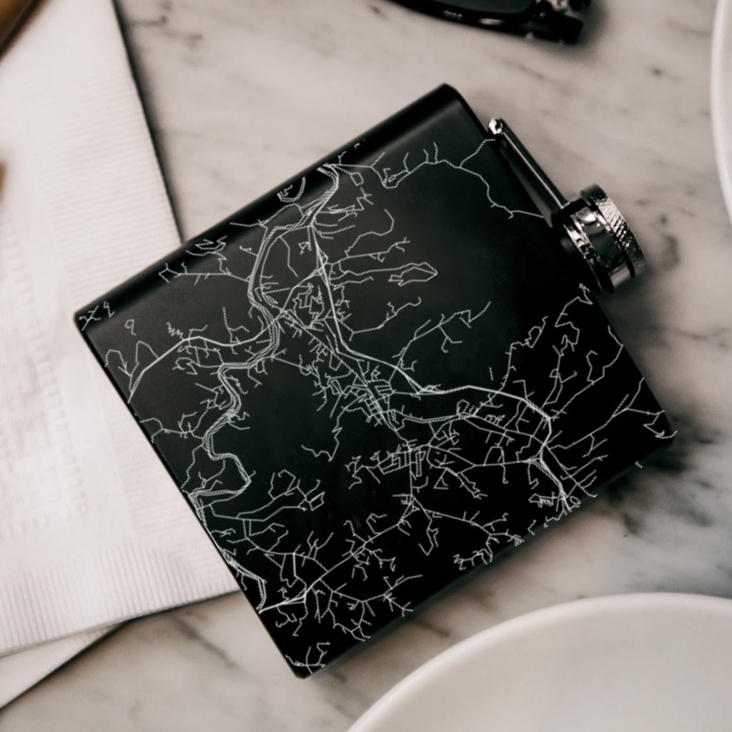 Sylva North Carolina Custom Engraved City Map Inscription Coordinates on 6oz Stainless Steel Flask in Black