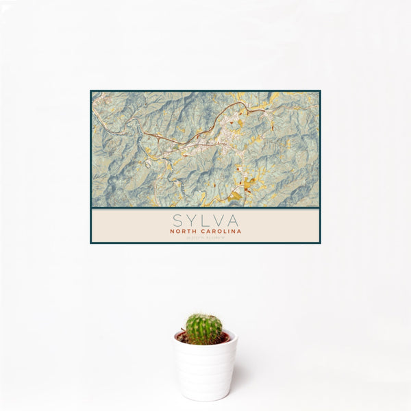 12x18 Sylva North Carolina Map Print Landscape Orientation in Woodblock Style With Small Cactus Plant in White Planter