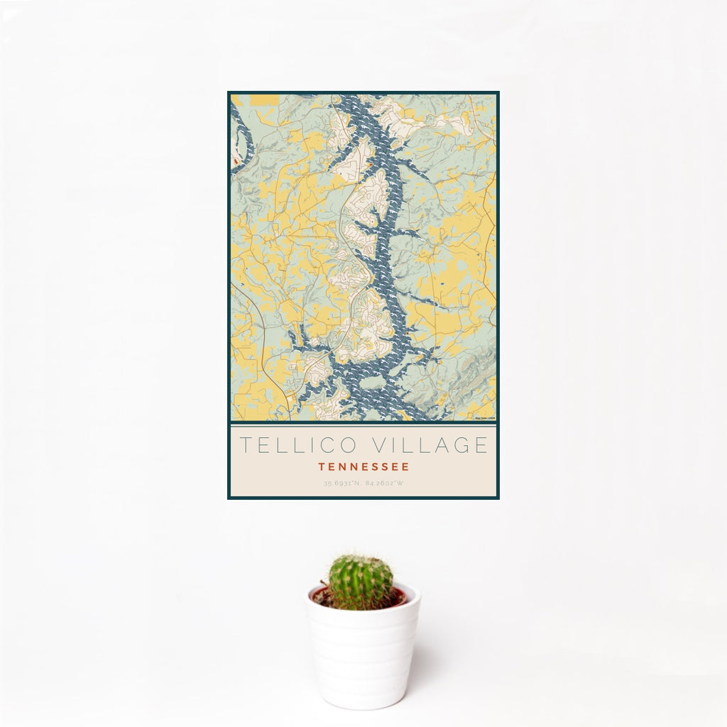 12x18 Tellico Village Tennessee Map Print Portrait Orientation in Woodblock Style With Small Cactus Plant in White Planter