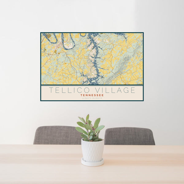 24x36 Tellico Village Tennessee Map Print Lanscape Orientation in Woodblock Style Behind 2 Chairs Table and Potted Plant