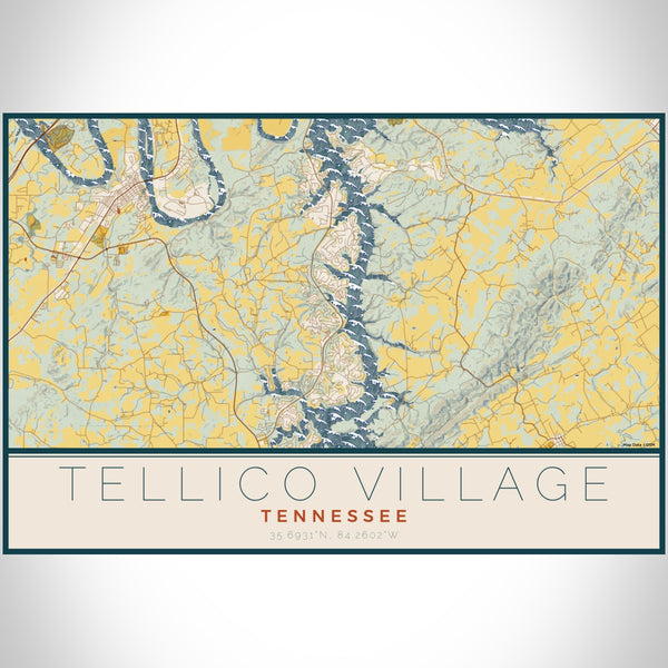 Tellico Village Tennessee Map Print Landscape Orientation in Woodblock Style With Shaded Background