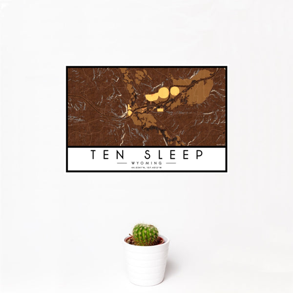 12x18 Ten Sleep Wyoming Map Print Landscape Orientation in Ember Style With Small Cactus Plant in White Planter