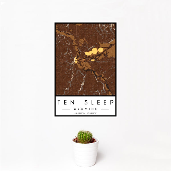 12x18 Ten Sleep Wyoming Map Print Portrait Orientation in Ember Style With Small Cactus Plant in White Planter