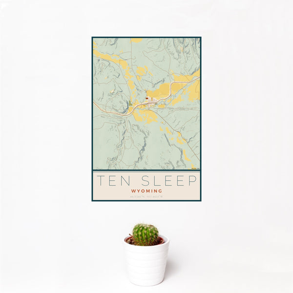 12x18 Ten Sleep Wyoming Map Print Portrait Orientation in Woodblock Style With Small Cactus Plant in White Planter