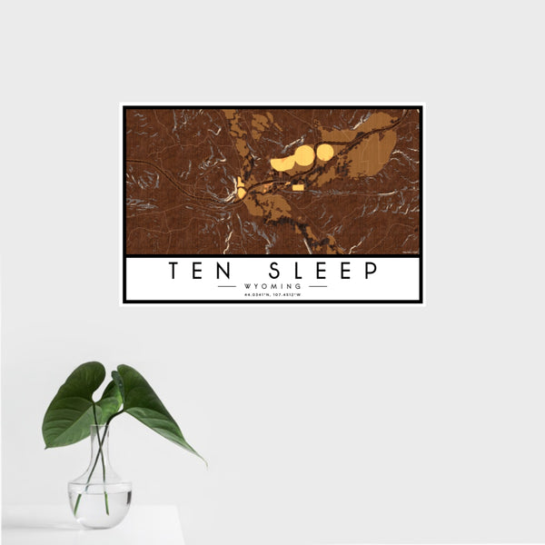 16x24 Ten Sleep Wyoming Map Print Landscape Orientation in Ember Style With Tropical Plant Leaves in Water
