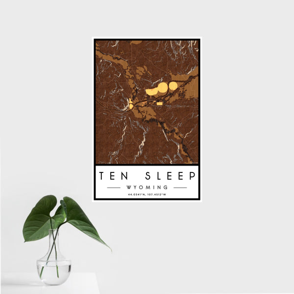 16x24 Ten Sleep Wyoming Map Print Portrait Orientation in Ember Style With Tropical Plant Leaves in Water