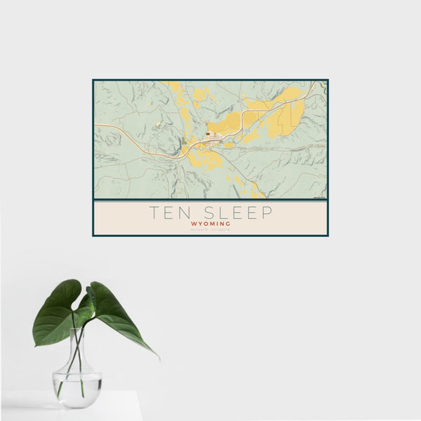16x24 Ten Sleep Wyoming Map Print Landscape Orientation in Woodblock Style With Tropical Plant Leaves in Water