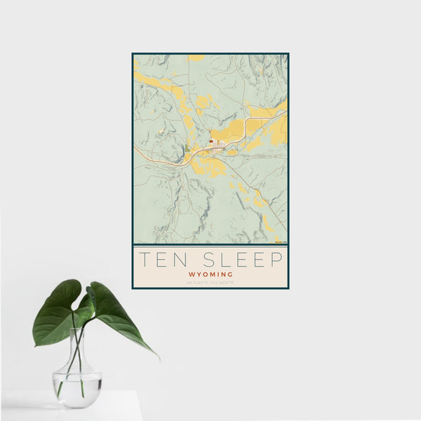 16x24 Ten Sleep Wyoming Map Print Portrait Orientation in Woodblock Style With Tropical Plant Leaves in Water