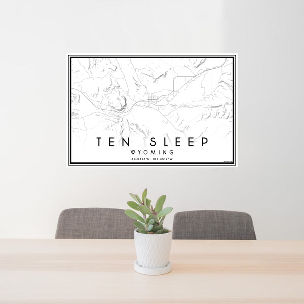 24x36 Ten Sleep Wyoming Map Print Lanscape Orientation in Classic Style Behind 2 Chairs Table and Potted Plant