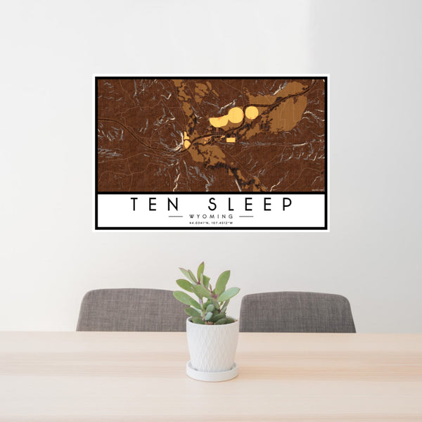 24x36 Ten Sleep Wyoming Map Print Lanscape Orientation in Ember Style Behind 2 Chairs Table and Potted Plant