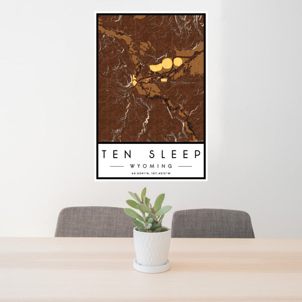 24x36 Ten Sleep Wyoming Map Print Portrait Orientation in Ember Style Behind 2 Chairs Table and Potted Plant