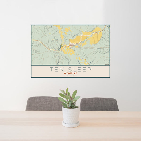 24x36 Ten Sleep Wyoming Map Print Lanscape Orientation in Woodblock Style Behind 2 Chairs Table and Potted Plant