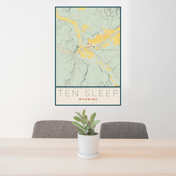 24x36 Ten Sleep Wyoming Map Print Portrait Orientation in Woodblock Style Behind 2 Chairs Table and Potted Plant