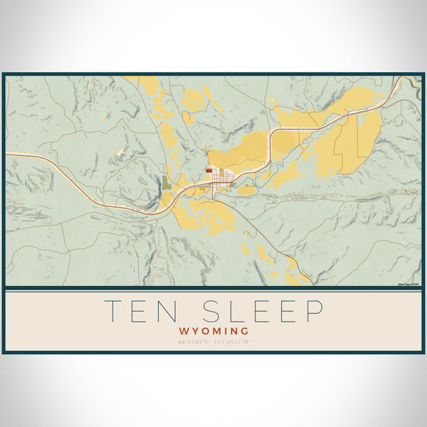 Ten Sleep Wyoming Map Print Landscape Orientation in Woodblock Style With Shaded Background