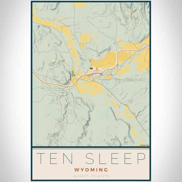 Ten Sleep Wyoming Map Print Portrait Orientation in Woodblock Style With Shaded Background