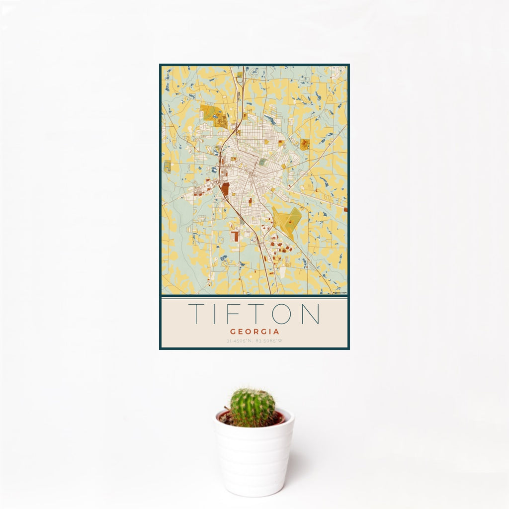 12x18 Tifton Georgia Map Print Portrait Orientation in Woodblock Style With Small Cactus Plant in White Planter