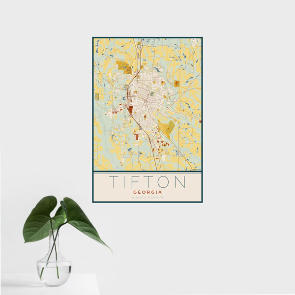16x24 Tifton Georgia Map Print Portrait Orientation in Woodblock Style With Tropical Plant Leaves in Water