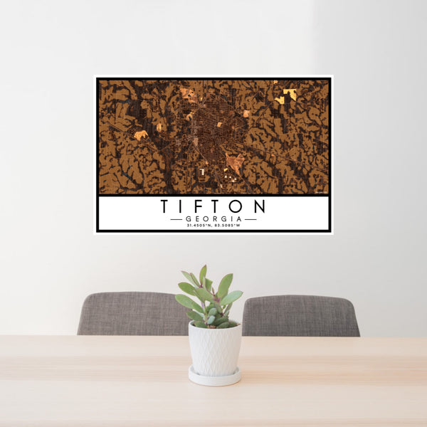24x36 Tifton Georgia Map Print Lanscape Orientation in Ember Style Behind 2 Chairs Table and Potted Plant