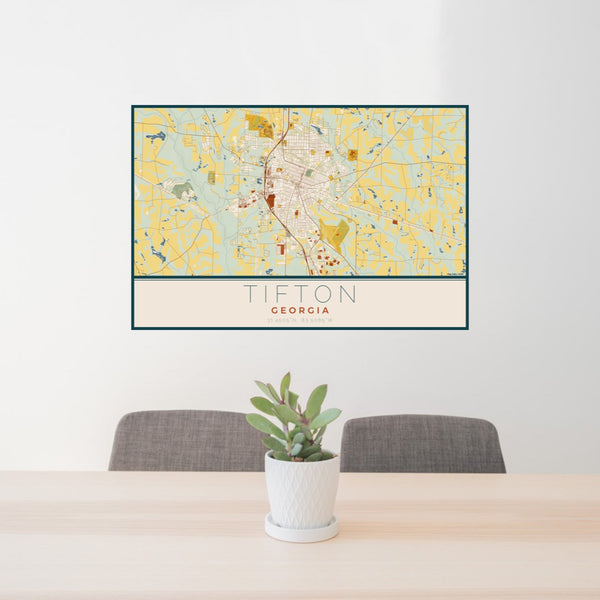 24x36 Tifton Georgia Map Print Lanscape Orientation in Woodblock Style Behind 2 Chairs Table and Potted Plant
