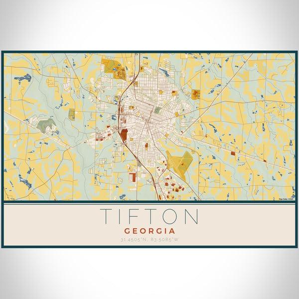 Tifton Georgia Map Print Landscape Orientation in Woodblock Style With Shaded Background
