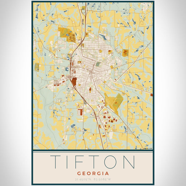 Tifton Georgia Map Print Portrait Orientation in Woodblock Style With Shaded Background
