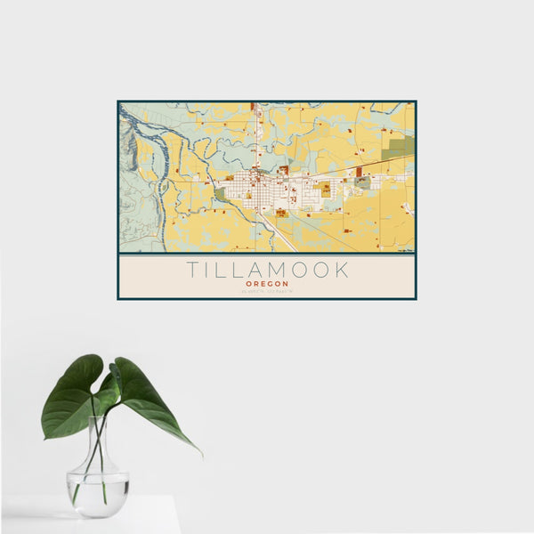 16x24 Tillamook Oregon Map Print Landscape Orientation in Woodblock Style With Tropical Plant Leaves in Water