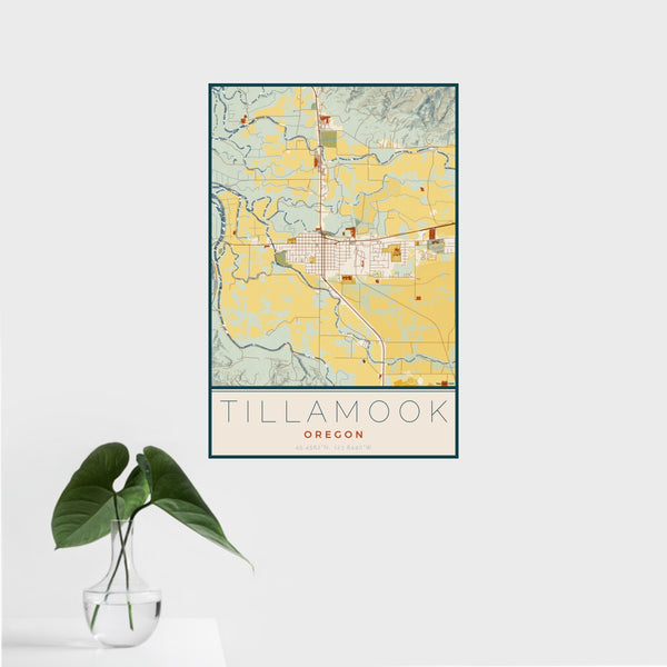 16x24 Tillamook Oregon Map Print Portrait Orientation in Woodblock Style With Tropical Plant Leaves in Water