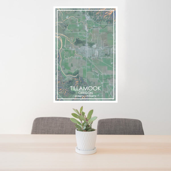 24x36 Tillamook Oregon Map Print Portrait Orientation in Afternoon Style Behind 2 Chairs Table and Potted Plant