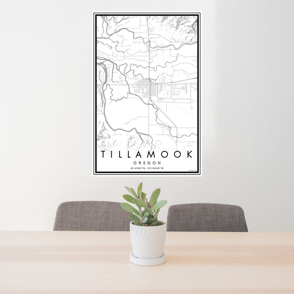 24x36 Tillamook Oregon Map Print Portrait Orientation in Classic Style Behind 2 Chairs Table and Potted Plant