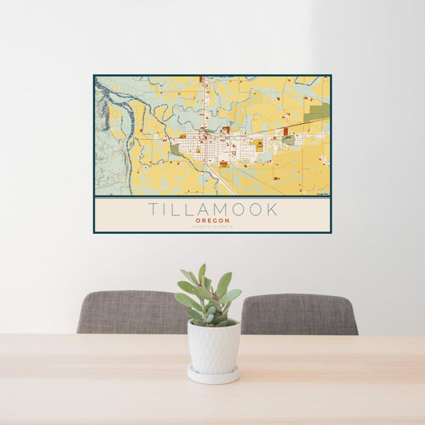 24x36 Tillamook Oregon Map Print Lanscape Orientation in Woodblock Style Behind 2 Chairs Table and Potted Plant
