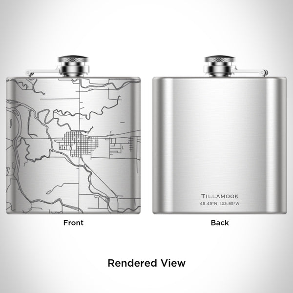 Rendered View of Tillamook Oregon Map Engraving on 6oz Stainless Steel Flask