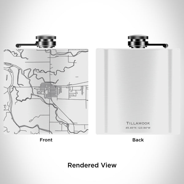 Rendered View of Tillamook Oregon Map Engraving on 6oz Stainless Steel Flask in White