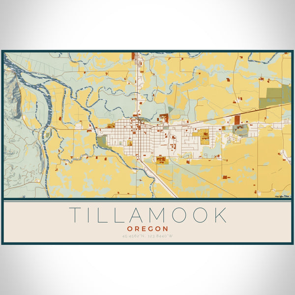 Tillamook Oregon Map Print Landscape Orientation in Woodblock Style With Shaded Background