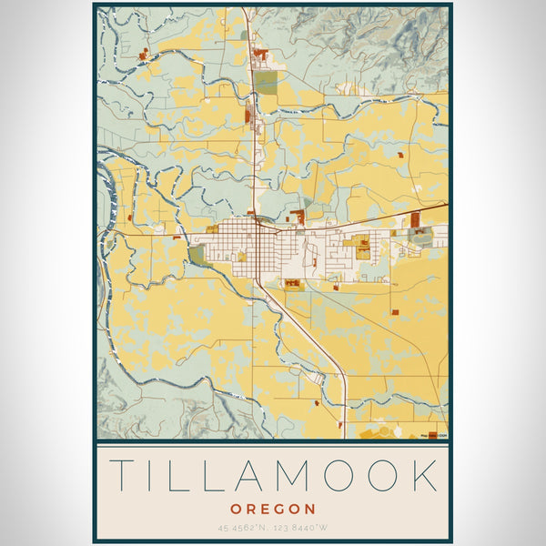 Tillamook Oregon Map Print Portrait Orientation in Woodblock Style With Shaded Background