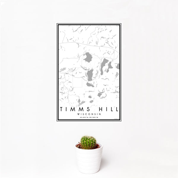 12x18 Timms Hill Wisconsin Map Print Portrait Orientation in Classic Style With Small Cactus Plant in White Planter