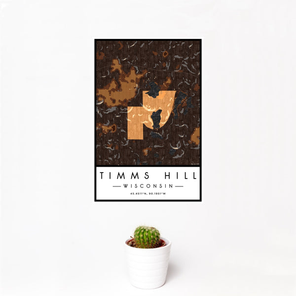 12x18 Timms Hill Wisconsin Map Print Portrait Orientation in Ember Style With Small Cactus Plant in White Planter