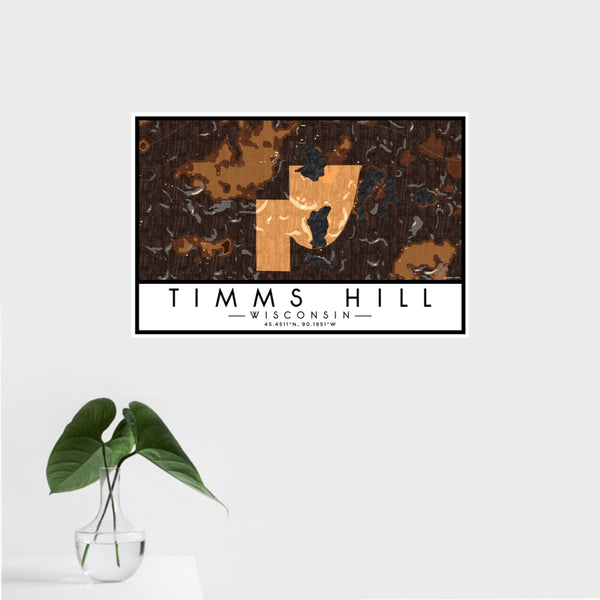 16x24 Timms Hill Wisconsin Map Print Landscape Orientation in Ember Style With Tropical Plant Leaves in Water