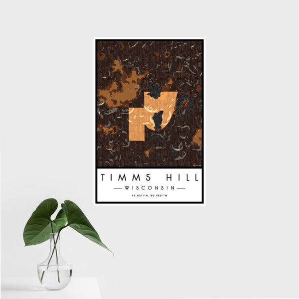 16x24 Timms Hill Wisconsin Map Print Portrait Orientation in Ember Style With Tropical Plant Leaves in Water