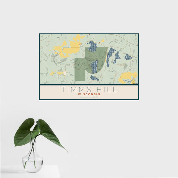 16x24 Timms Hill Wisconsin Map Print Landscape Orientation in Woodblock Style With Tropical Plant Leaves in Water
