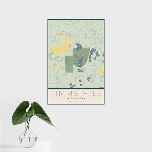 16x24 Timms Hill Wisconsin Map Print Portrait Orientation in Woodblock Style With Tropical Plant Leaves in Water