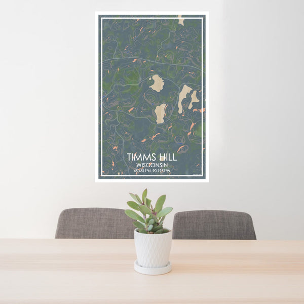 24x36 Timms Hill Wisconsin Map Print Portrait Orientation in Afternoon Style Behind 2 Chairs Table and Potted Plant