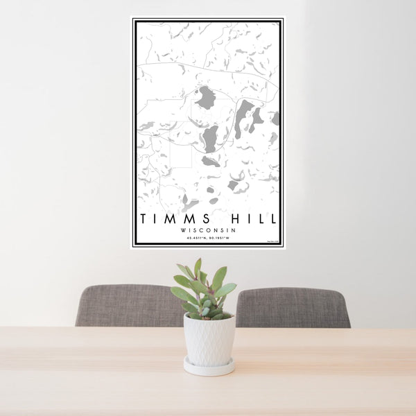 24x36 Timms Hill Wisconsin Map Print Portrait Orientation in Classic Style Behind 2 Chairs Table and Potted Plant
