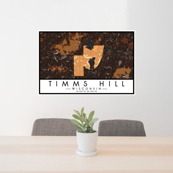 24x36 Timms Hill Wisconsin Map Print Lanscape Orientation in Ember Style Behind 2 Chairs Table and Potted Plant