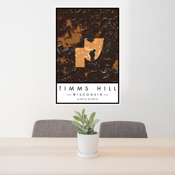 24x36 Timms Hill Wisconsin Map Print Portrait Orientation in Ember Style Behind 2 Chairs Table and Potted Plant