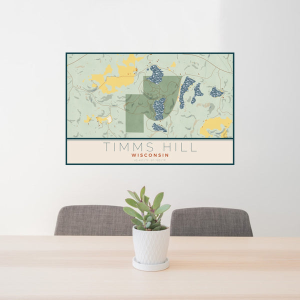 24x36 Timms Hill Wisconsin Map Print Lanscape Orientation in Woodblock Style Behind 2 Chairs Table and Potted Plant