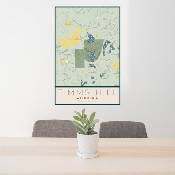 24x36 Timms Hill Wisconsin Map Print Portrait Orientation in Woodblock Style Behind 2 Chairs Table and Potted Plant