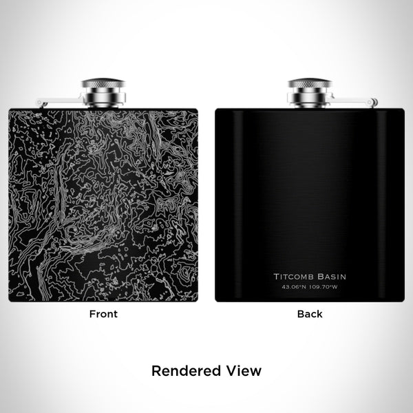 Rendered View of Titcomb Basin Wyoming Map Engraving on 6oz Stainless Steel Flask in Black